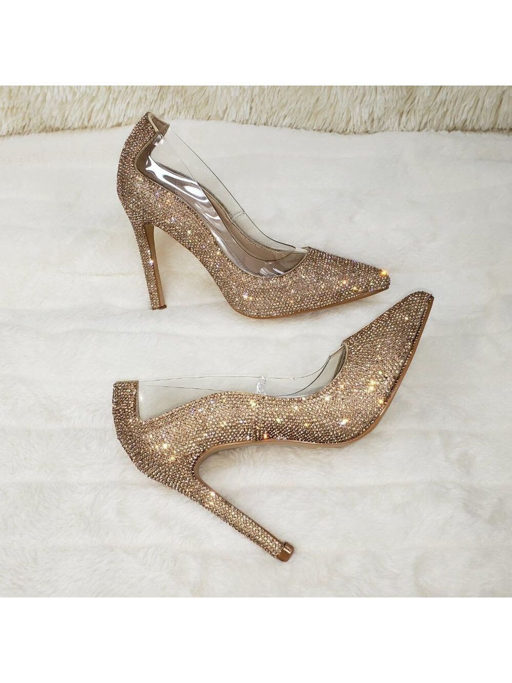 Size 7.5 Rose Gold Rhinestone High Heel Illusion Pumps NEW